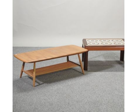 An Ercol light elm coffee table, 102cm, together with a tile top table