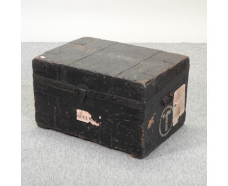 A 19th century stained pine and metal bound trunk, 63cm