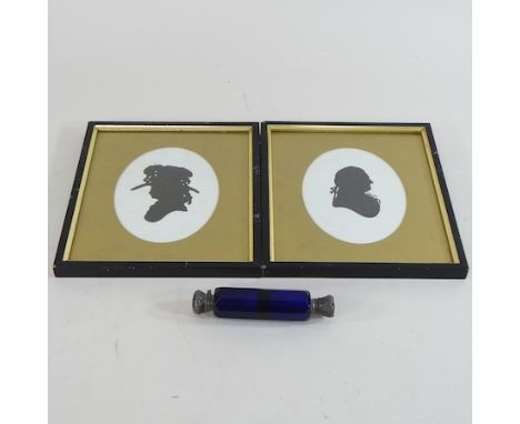 A pair of silhouette portrait miniatures, each 13 x 9cm, together with  a Victorian Bristol blue double ended scent bottle