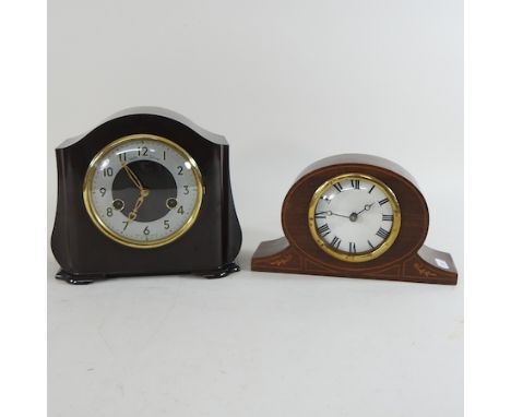 An Edwardian inlaid mantel clock, together with a bakelite clock, 19cm high (2)