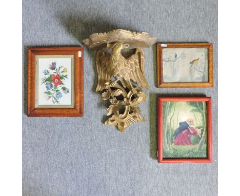 R Armstrong, romantic pigs, oil on canvas, 24 x 19cm, together with two other pictures and a gilt wall sconce in the form of 