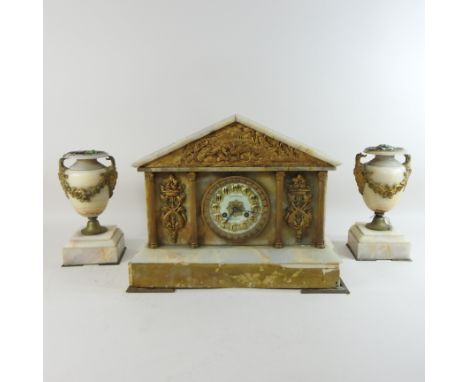 A 19th century American marble three piece clock garniture, of architectural form, with gilt mounts, the enamelled dial signe