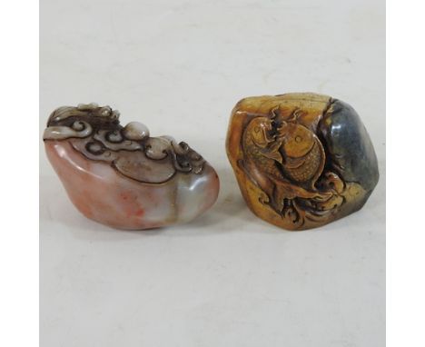 A modern Chinese soapstone seal, 8cm, together with another smaller