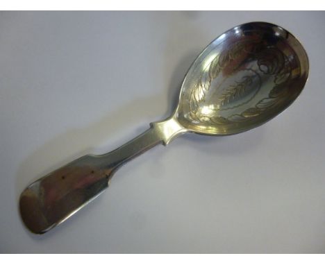 An early Victorian fiddle pattern caddy spoon, the fig shaped bowl, scratch engraved with foliate designs  James Beebe  Londo
