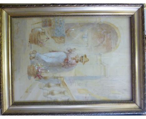 R Dudley - a lone figure wearing a straw hat, smoking a pipe, at the foot of a terrace staircase  watercolour  bears a signat
