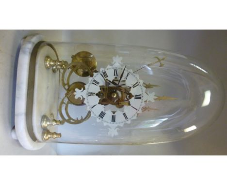 A late Victorian lacquered brass framed skeleton clock; the single fusee bell strike movement faced by a painted Roman chapte