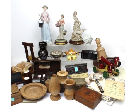 A quantity of treen and other collectibles to include tins, ceramic figures, linen and lace, a slide projector etc (2).