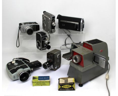 Six cinecameras, a Bolex B8SL with Steinheil Munchen Cassar 3.5/36 no.2039698, Yvar 1:1.8 13mm no.806448 lenses, a Reflex zoo