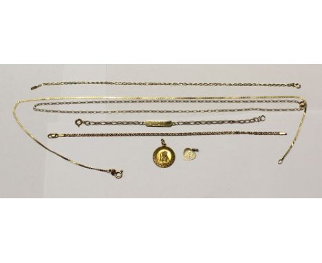 A 9ct gold fine link bracelet, two 9ct gold chain link bracelets, a 9ct gold St Christopher and a 9ct gold link chain with le