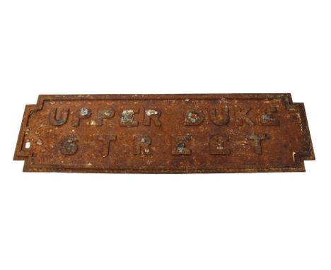 A vintage cast iron street sign for 'Upper Duke Street', Liverpool, length approx 119cm.