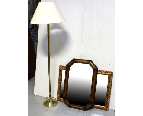 A modern rectangular bevel-edge mirror, 77 x 50cm, an octagonal oak-framed bevel-edge mirror, 76 x 50cm and a contemporary br