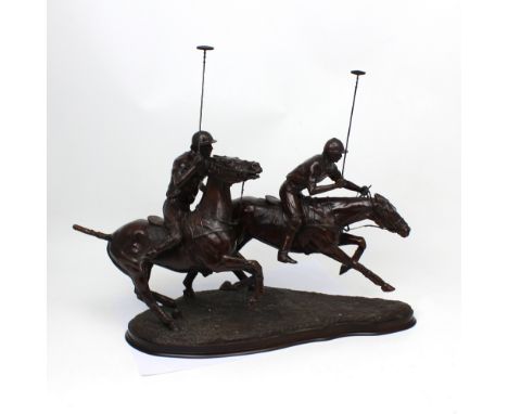 Gill Parker; a limited edition equestrian bronze sculpture 'Polo Slipping his Man', signed, dated 1990, limited edition no.8/