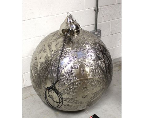 An Indian silvered and glass large spherical ceiling light with tulip and pierced decoration, diameter 80cm.