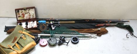 A collection of 20th century fishing equipment to include reels by Shakespeare, Skorpio, other fishing tackle, sectional fly 