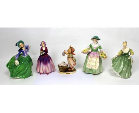 Four Royal Doulton figurines, RD835666 'Autumn Breezes', 'Daffy-Down-Dilly', HN2193 'Fair lady' and registration no. 769308 '