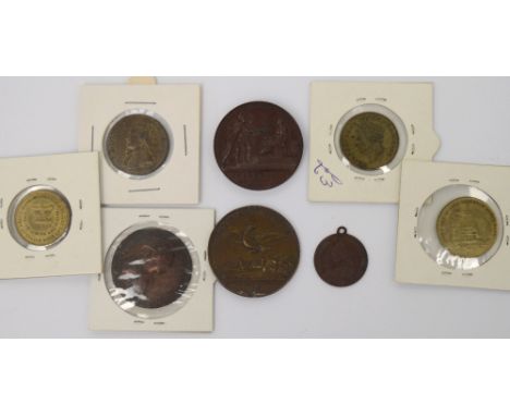 A group of 18th and 19th century commemorative medals and tokens to include 1761 Queen Charlotte Coronation medal in bronze/c