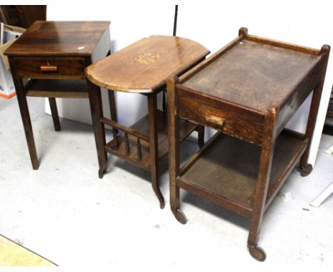 A mahogany bedside cabinet with one central drawer over lower shelf, a c1940 oak tea trolley, small drawer to either end, ove