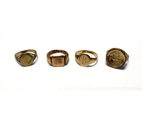 A St George medal in a 9ct gold ring mount, size Q, two 9ct gold gentlemen's signet rings, size R, a gentlemen's 9ct rose gol