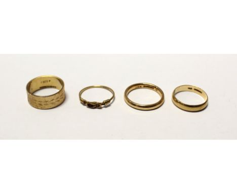Three 9ct gold wedding bands, sizes L, M and N and a 9ct gold knot ring, size K, approx combined 9g (4).
