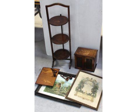 A mid-20th century cake stand, an oak smoker's cabinet with four vintage pipes to interior, a print of horses in floral-carve