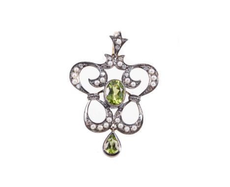 PERIDOT, DIAMOND AND SEED PEARL PENDANT,set with oval and pear shaped peridot, the openwork mount set with seed pearls and ro