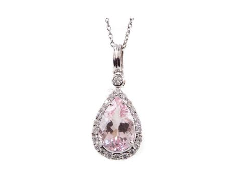 MORGANITE AND DIAMOND PENDANT,the pear shaped morganite of approximately 2.75 carats, within a halo of round brilliant cut di