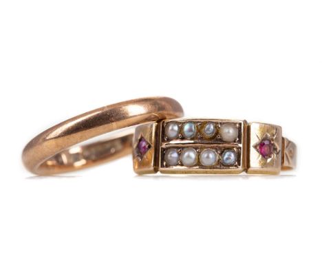 VICTORIAN PEARL AND RUBY RING,in fifteen carat gold, size N 1/2, 1.6g, along with a nine carat gold wedding band, 2.6g (2)