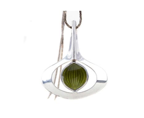 NORWEGIAN SILVER ENAMEL PENDANT BY ASKEL HOLMSEN,with central olive green enamel section, 50mm high, marked to the reverse, o