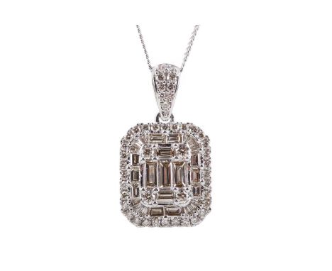 DIAMOND CLUSTER PENDANT,set with round brilliant and baguette cut diamonds totalling approximately 2.25 carats, in nine carat