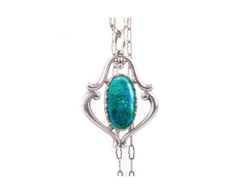 SILVER PENDANT BY CHARLES HORNER,of openwork form, with central turquoise enamel section, fully marked to the reverse, on a s