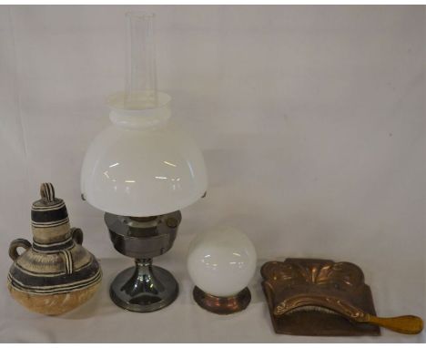 Skin water carrier, paraffin lamp (with broken funnel), spherical ceiling light &amp; an Art Nouveau copper crumb tray &amp; 