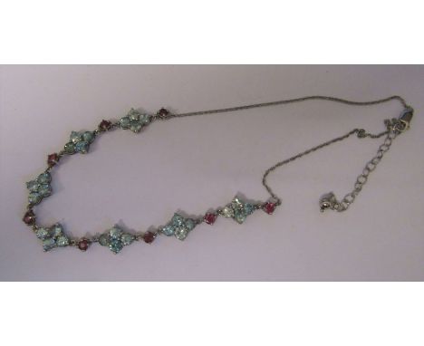 Silver (marked 925) ruby and aquamarine necklace L 40 cm (excluding extender)