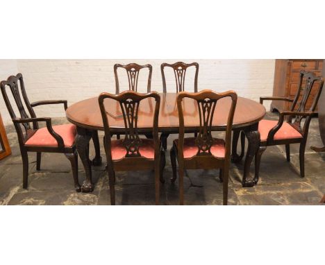 Early 20th century wind out mahogany dining table with 2 leaves extending to 178cm by 106cm with 6 Chippendale style dining c