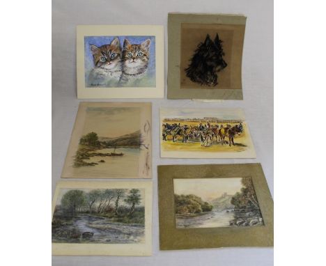6 x mixed pictures to include - charcoal sketch terrier d.1934 - Margaret Harvey Beach scene d.1890 - E.Woodruff water colour