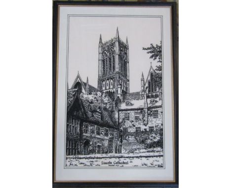 Framed needlepoint picture of Lincoln Cathedral by K Phillips 58 cm x 87 cm (size including frame)