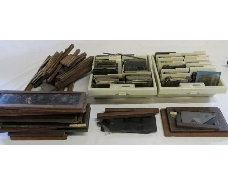Quantity of magic lantern slides including comical and European topographical (some marked Limpenny) with additional wooden f