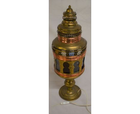 Copper &amp; brass lamp with coloured glass panels Ht 59cm