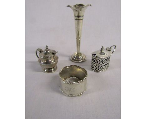 Silver items: Jones &amp; Crompton napkin ring, mustard pot, Robert Pringle &amp; sons specimen vase, and blue lined mustard 