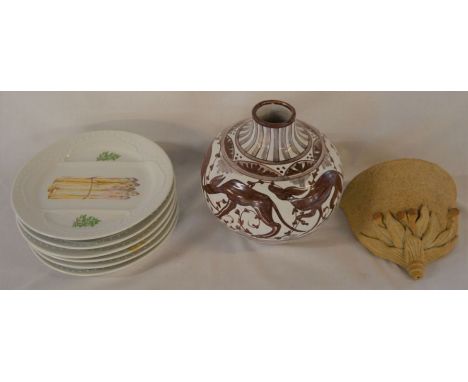 6 Decor Exclusif asparagus plates, F F Nobles tin glaze vase &amp; a stoneware wall shelf