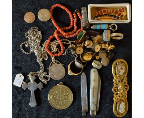 Silver crucifix, (Birmingham 1917), coin pendant, silver fruit knife &amp; blade, coral necklace etc