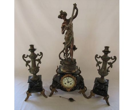 Late 19th /early 20th century marble and spelter French clock garniture 'Mandoline' H 64 cm (chip to marble on one candlestic