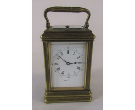 French brass repeater carriage clock 'S A Robinson from E T &amp; F A Ingham March 5th 1898 after 21 years service', retailed