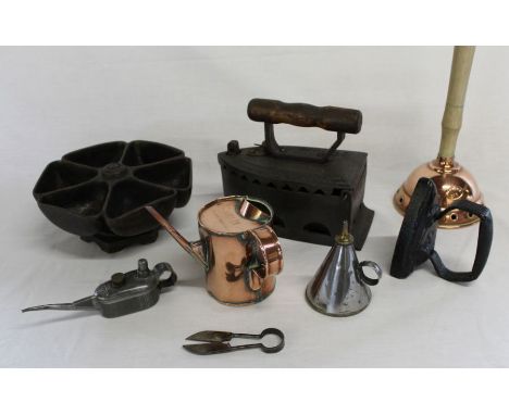 Black boy nail cup, Ashoka box iron, flat iron, small copper posher, Helix oil can &amp; 2 others and pair of topiary shears
