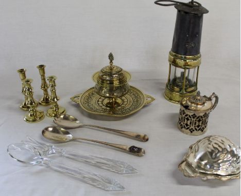 Decorative brass ink stand, 2 pairs of miniature brass candlesticks, silver plated mustard pot &amp; butter dish, 2 pairs of 