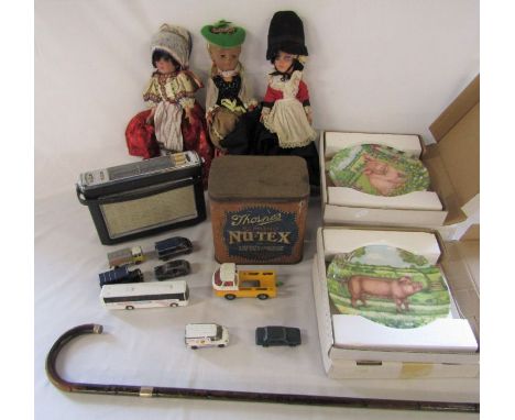 5 pig collectors plates 'Pigs in bloom collection', Almond Nu-tex tin, Corgi die cast play worn cars, Bush TR130 radio, 3 tra