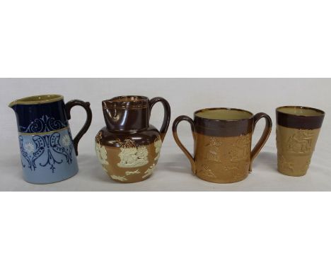 Doulton Lambeth harvest jug, loving cup, beaker &amp; Lovatt jug