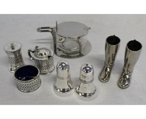 EPBM 3 piece cruet, Walker &amp; Hall salt and pepper, plated jam pot and 2 silver plated riding boot stirrup cups