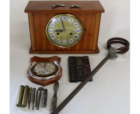 Oak cased mantel clock, aneroid barometer, shooting stick, cut throat razors, 2 brass oilers bearing the broad arrow mark, li