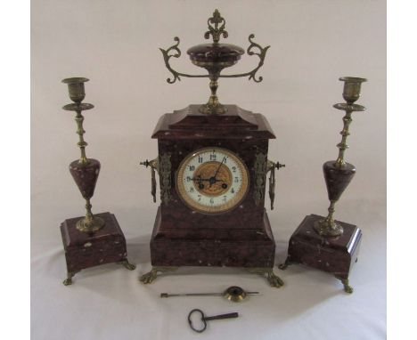 French rouge marble clock garniture H 46 cm L 21 cm D 12 cm (candlestick H 33.5 cm)