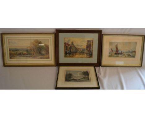 3 framed watercolours of a landscape, townscape with a river &amp; a seascape with a 19th century print of Panton House, Linc